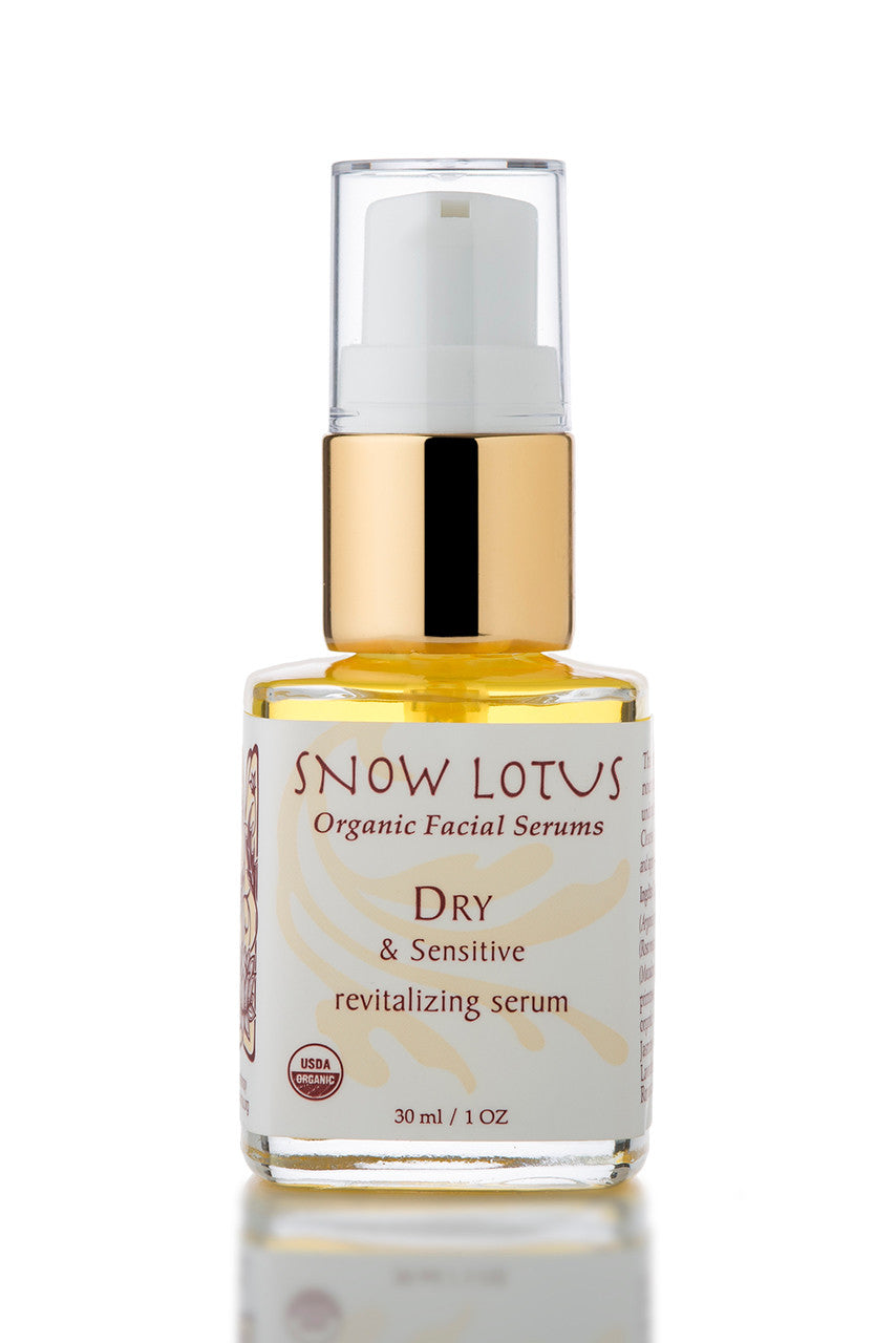 Snow Lotus Dry & Sensitive Skin Revitalizing Organic Facial Serum in a pump bottle, 30 ml