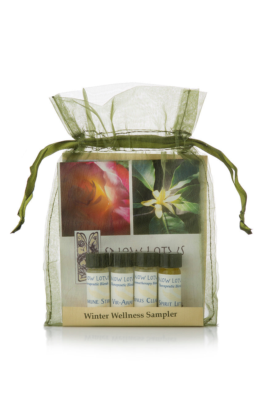 Winter Wellness Essential Oil Sampler in a green organza pouch