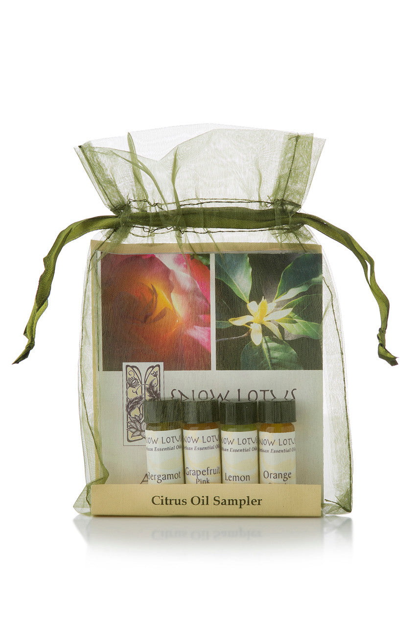Citrus Essential Oil Sampler in a green organza pouch