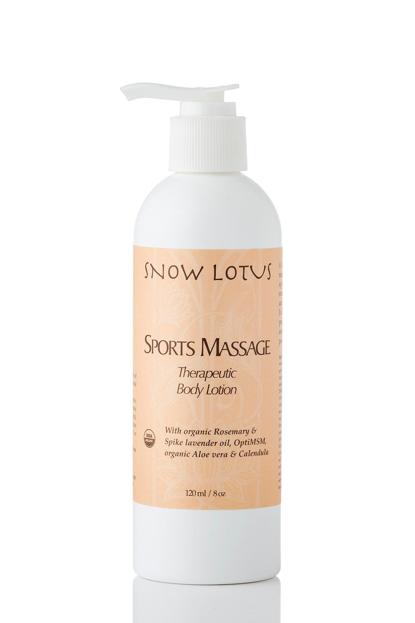 Snow Lotus Sports Massage Therapeutic Body Lotion in a white pump bottle, 240 ml
