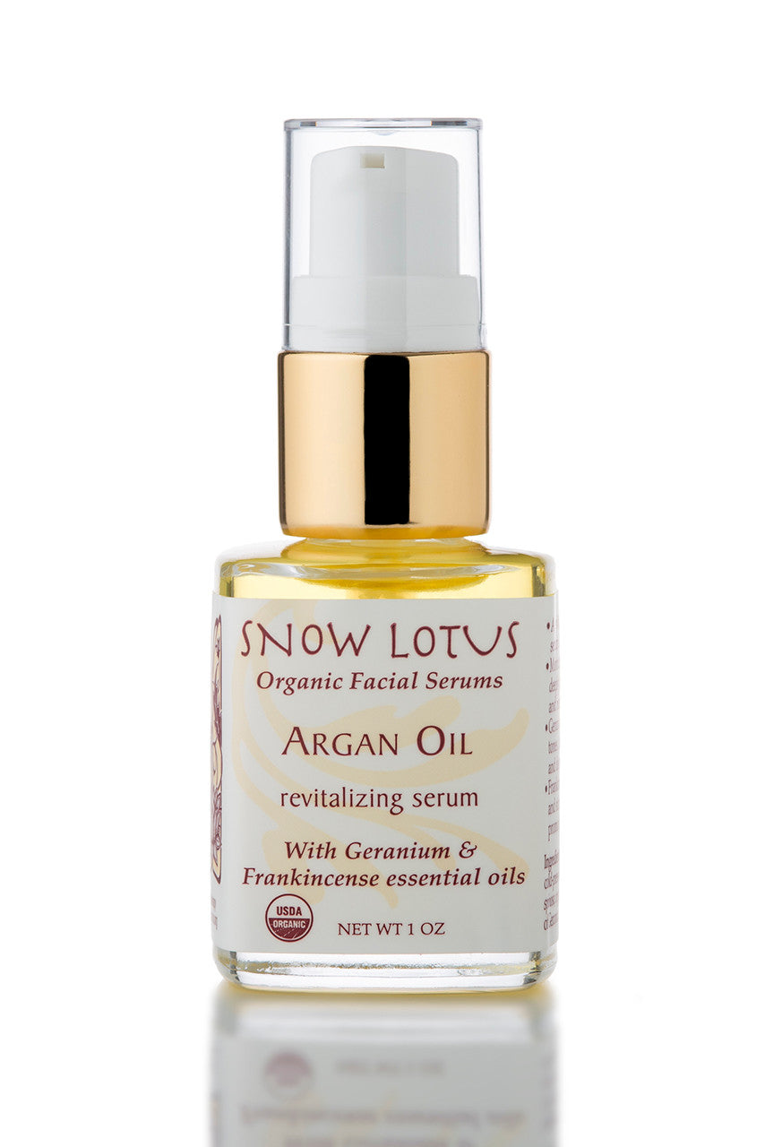 Snow Lotus Argan Revitalizing Organic Facial Serum with Geranium and Frankincense in a pump bottle, 30 ml