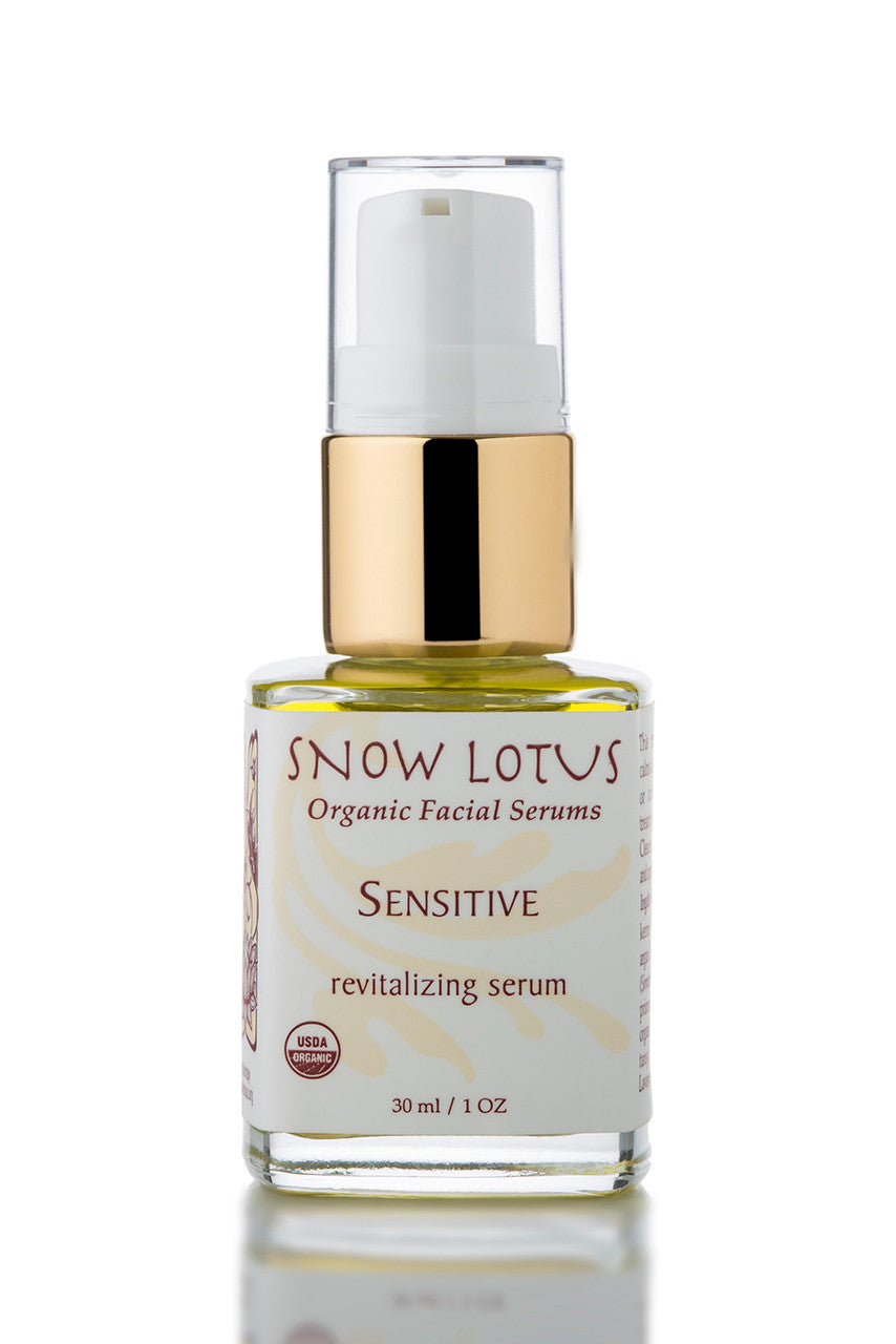 Snow Lotus Sensitive Skin Revitalizing Organic Facial Serum in a pump bottle, 30 ml