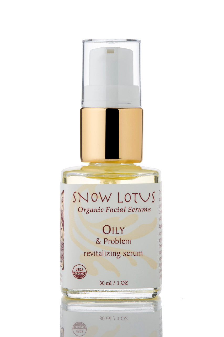 Snow Lotus Oily & Problem Skin Revitalizing Organic Facial Serum in a pump bottle, 30 ml