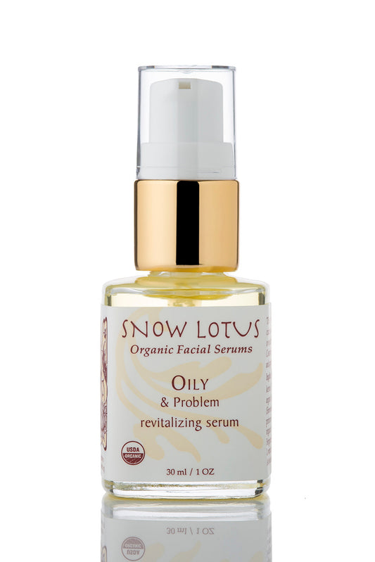 Snow Lotus Oily & Problem Skin Revitalizing Organic Facial Serum in a pump bottle, 30 ml