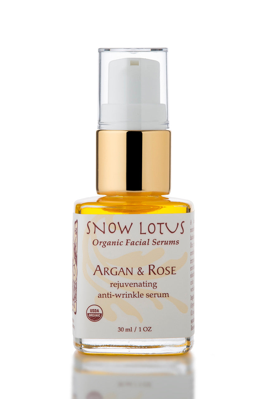 Snow Lotus Argan & Rose Rejuvenating Antiwrinkle Organic Facial Serum in a pump bottle, 30 ml
