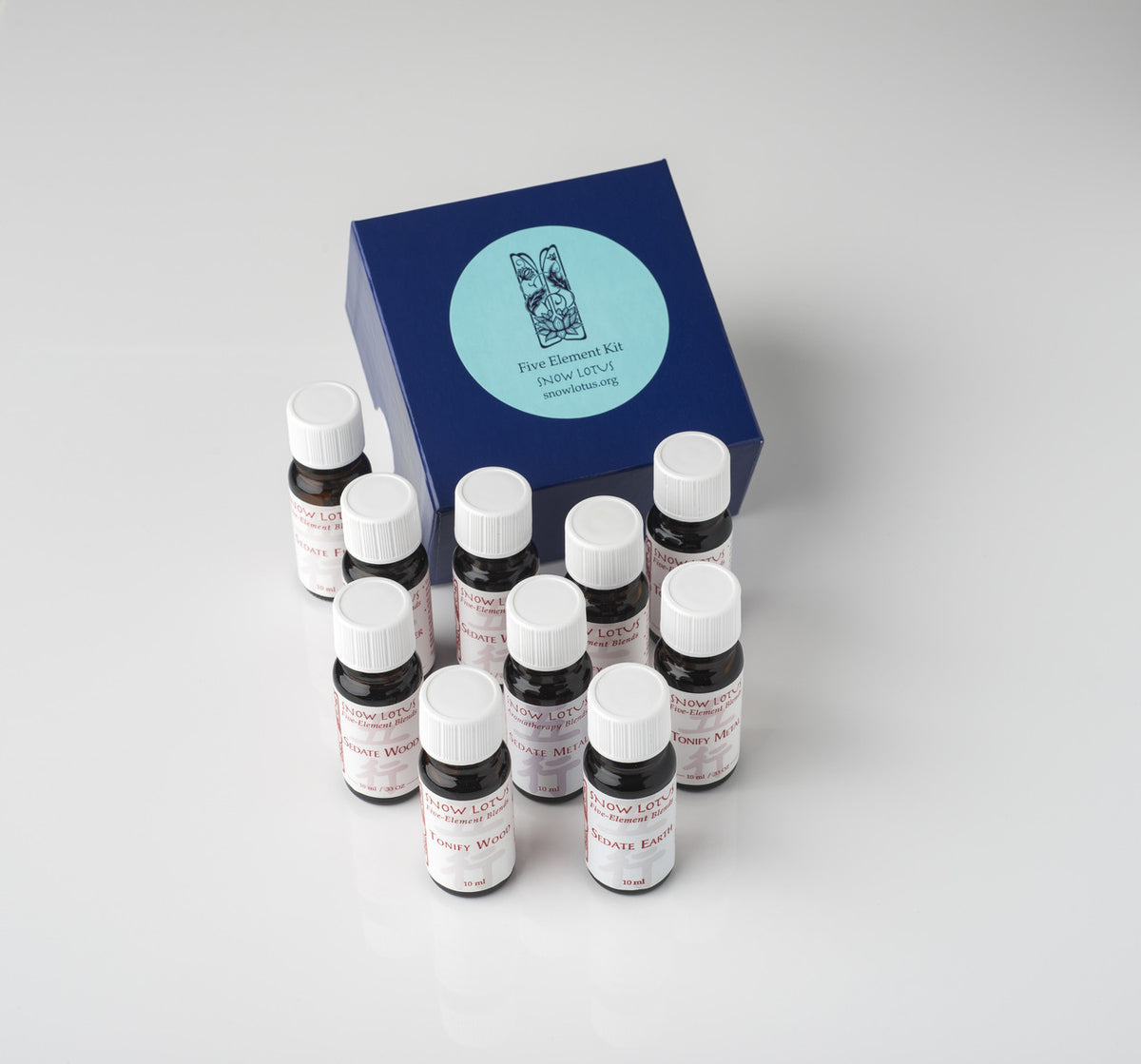 The Five Element Blends Kit box surrounded by its twelve essential oil bottles