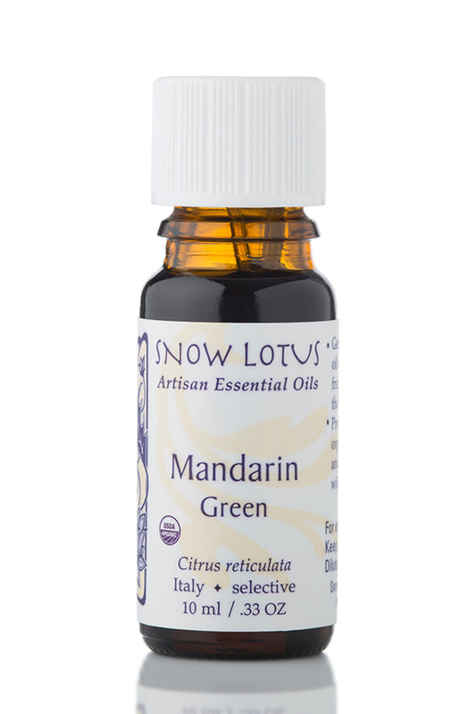 Snow Lotus organic Green Mandarin Essential Oil in an amber glass bottle