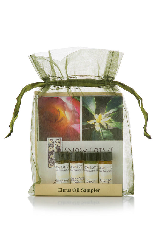 Citrus Essential Oil Sampler in a green organza pouch