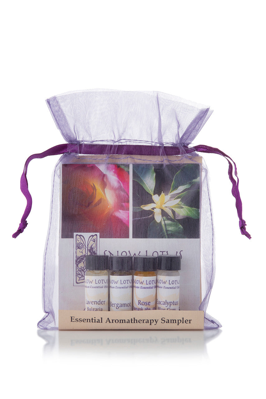 Aromatherapy Essential Oil Sampler in a purple organza pouch