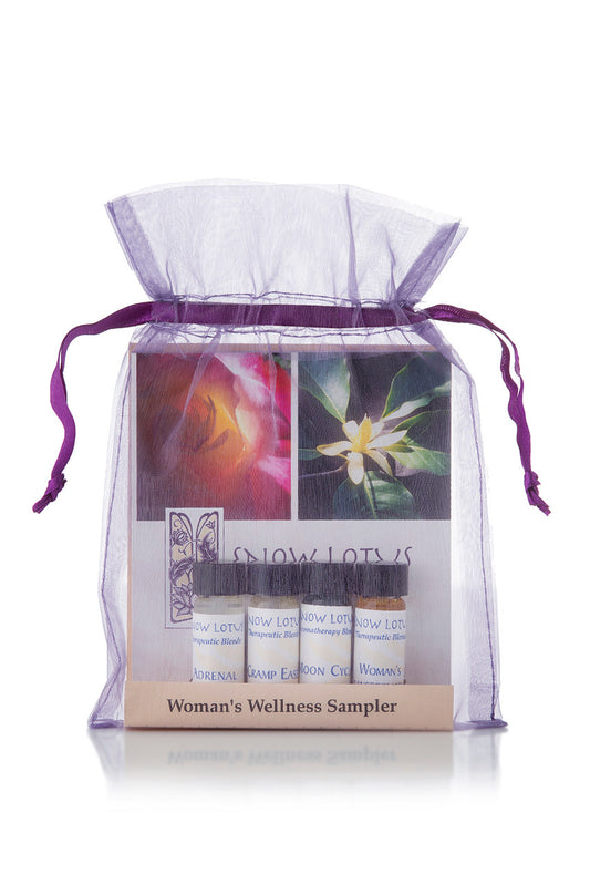 Woman's Wellness Essential Oil Sampler in a purple organza pouch