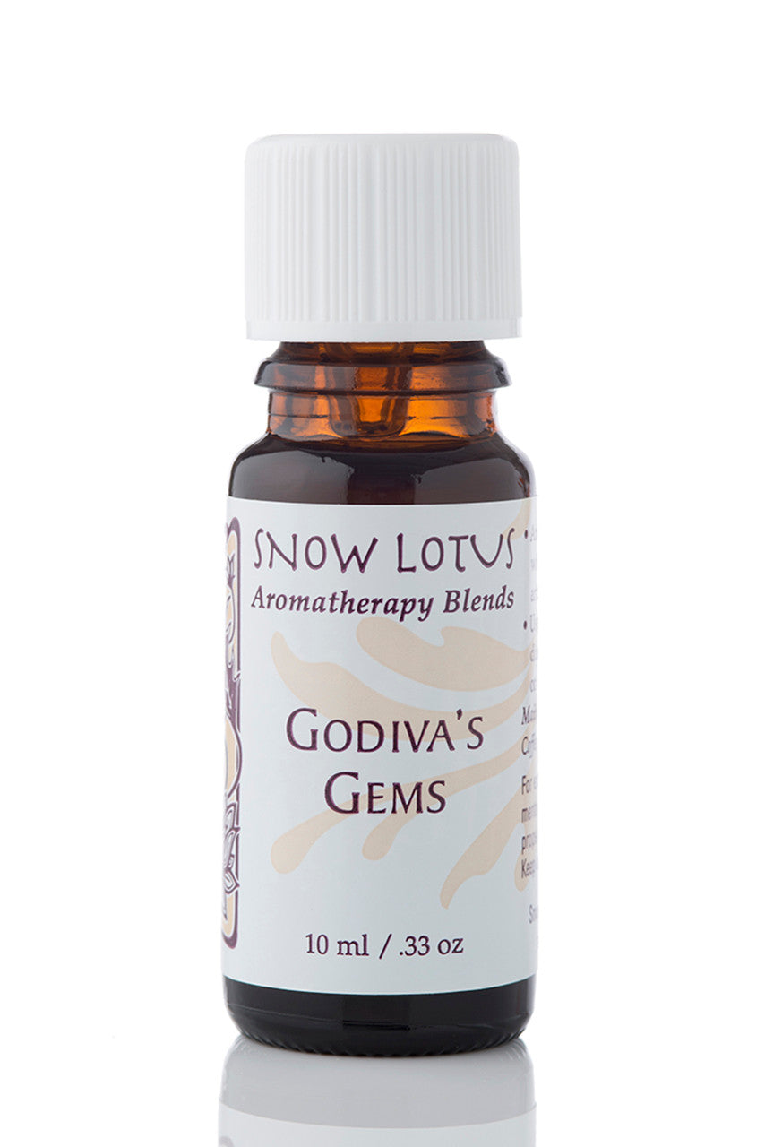 Snow Lotus Godiva's Gems - Esthetic Essential Oil Blend in an amber glass bottle