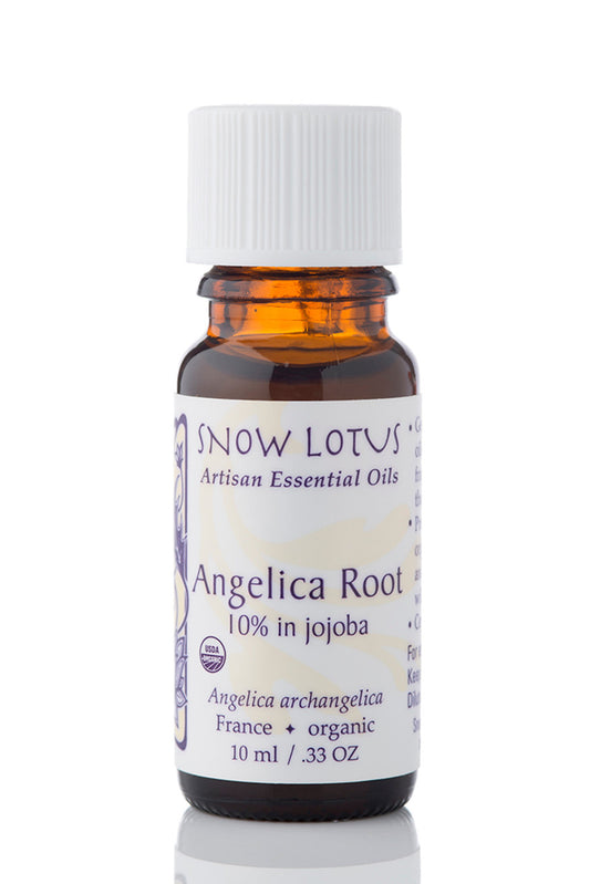 Snow Lotus Angelica Root Essential Oil 10% in Jojoba in an amber glass bottle