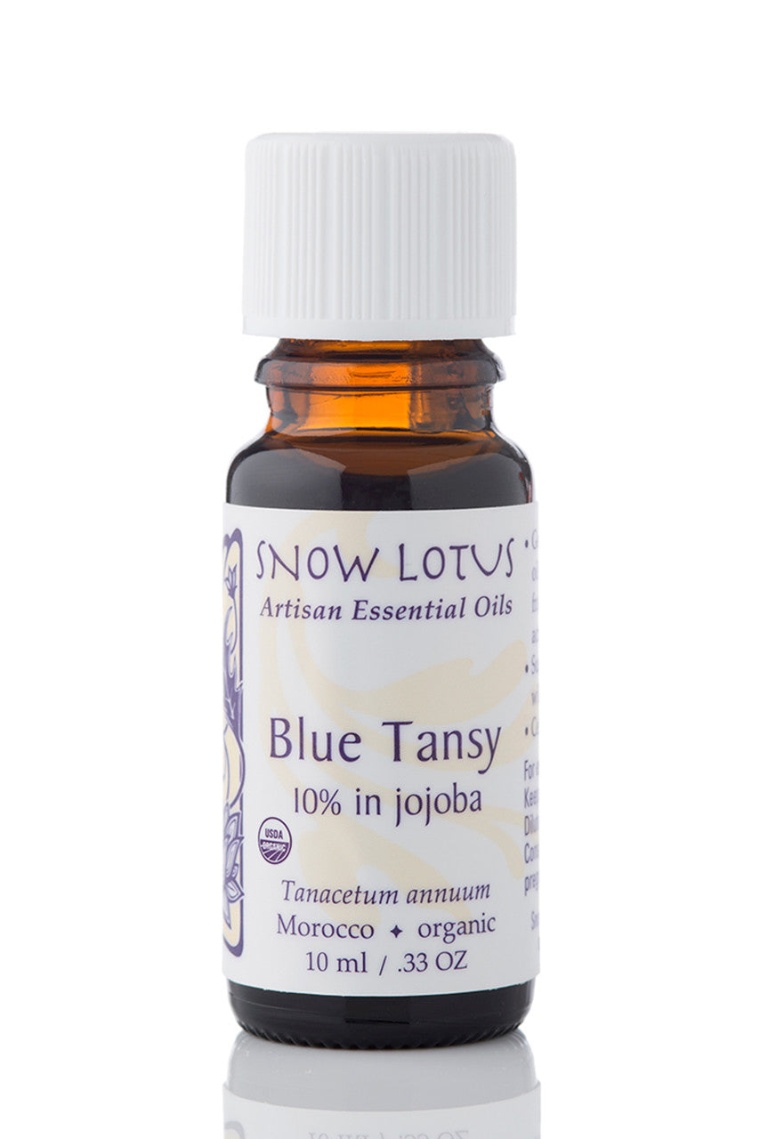 Snow Lotus organic Blue Tansy Essential Oil 10% in Jojoba in an amber glass bottle