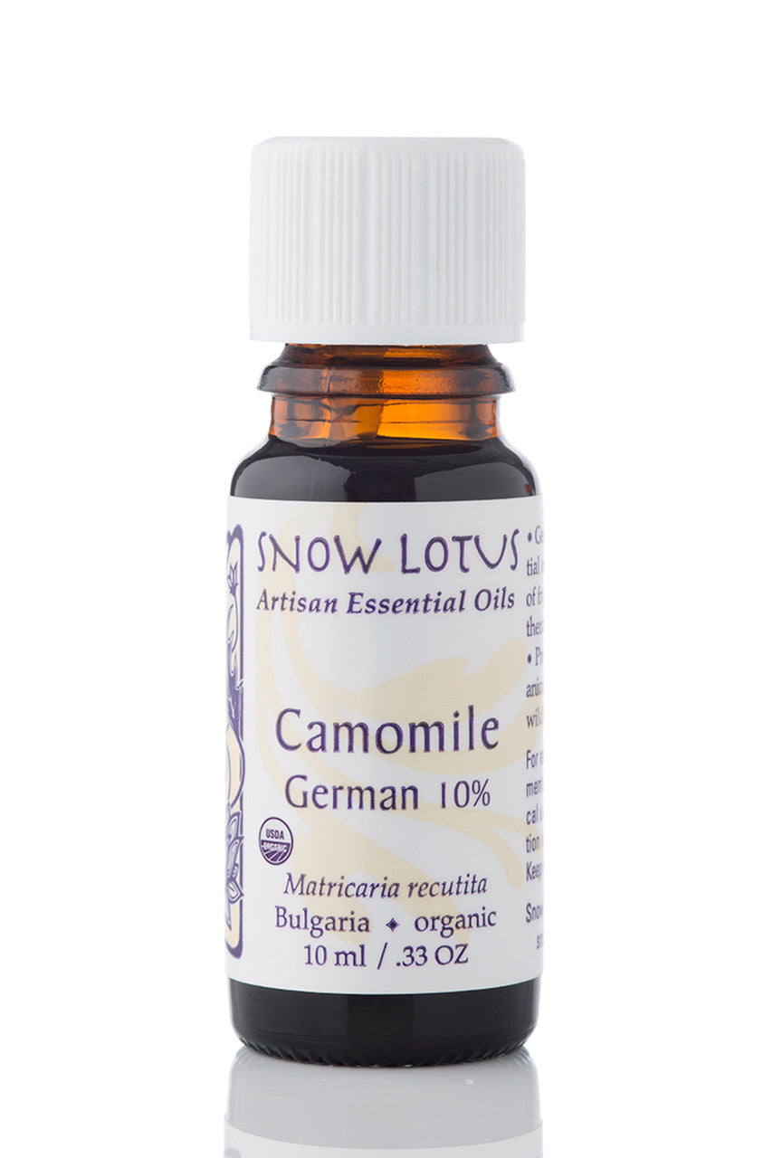 Snow Lotus organic German Camomile Essential Oil 10% in Jojoba in an amber glass bottle