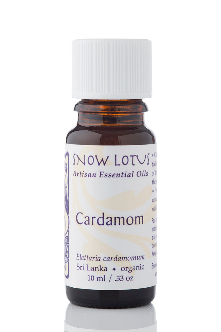 Snow Lotus organic Cardamom Essential Oil in an amber glass bottle