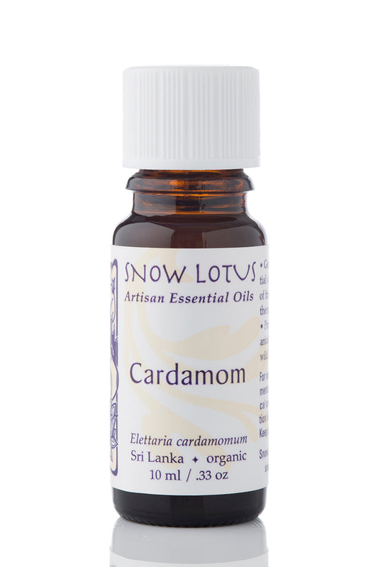 Snow Lotus organic Cardamom Essential Oil in an amber glass bottle