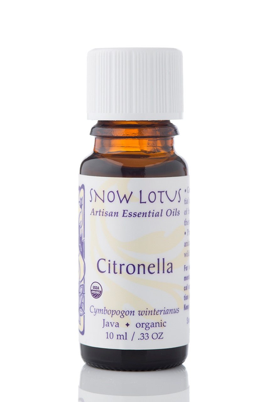 Snow Lotus organic Java Citronella Essential Oil in an amber glass bottle