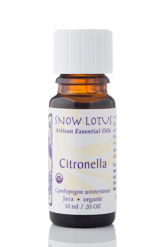 Snow Lotus organic Java Citronella Essential Oil in an amber glass bottle
