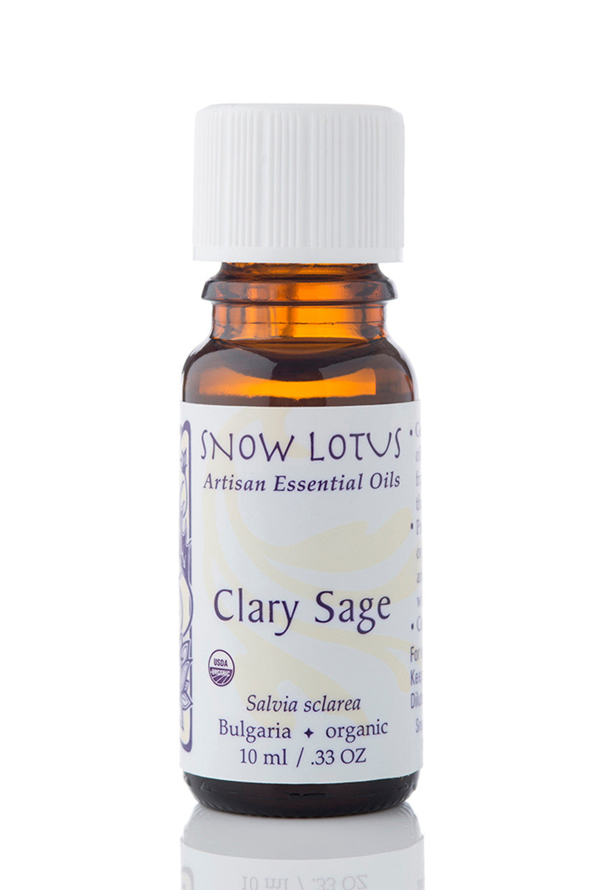 Snow Lotus organic Clary Sage Essential Oil in an amber glass bottle