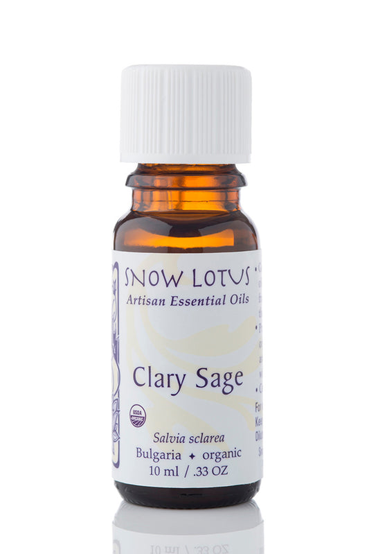 Snow Lotus organic Clary Sage Essential Oil in an amber glass bottle