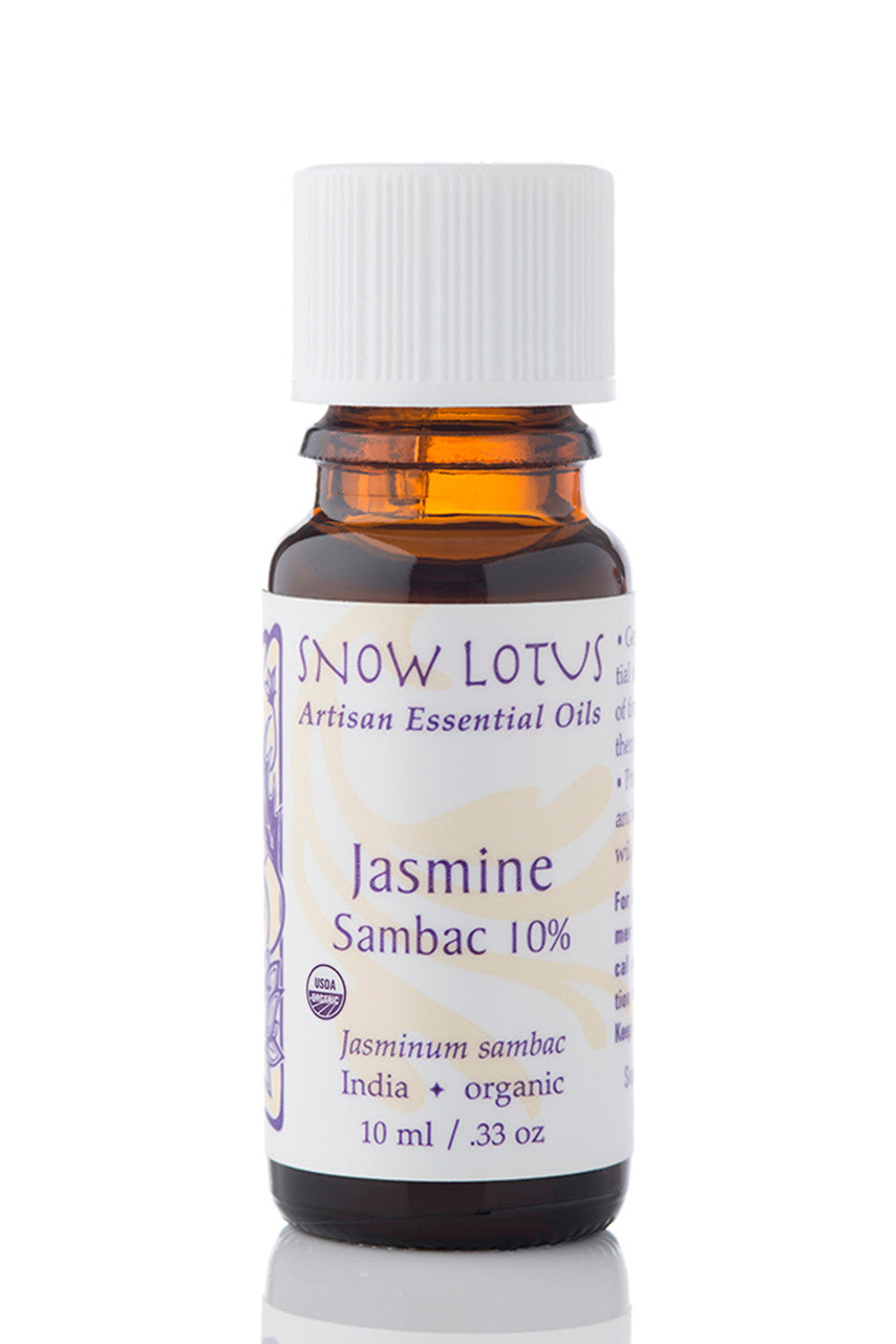 Snow Lotus Jasmine Sambac Absolute 10% in Jojoba Oil in an amber glass bottle
