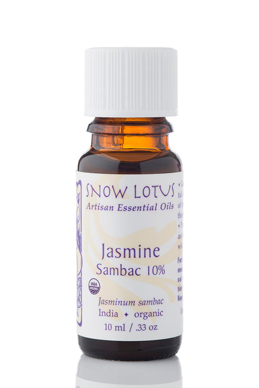Snow Lotus Jasmine Sambac Absolute 10% in Jojoba Oil in an amber glass bottle