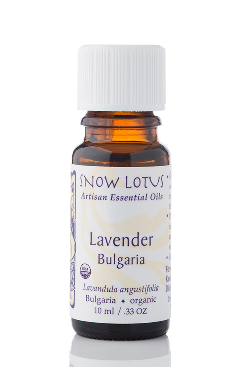Snow Lotus organic Bulgaria Lavender Essential Oil in an amber glass bottle