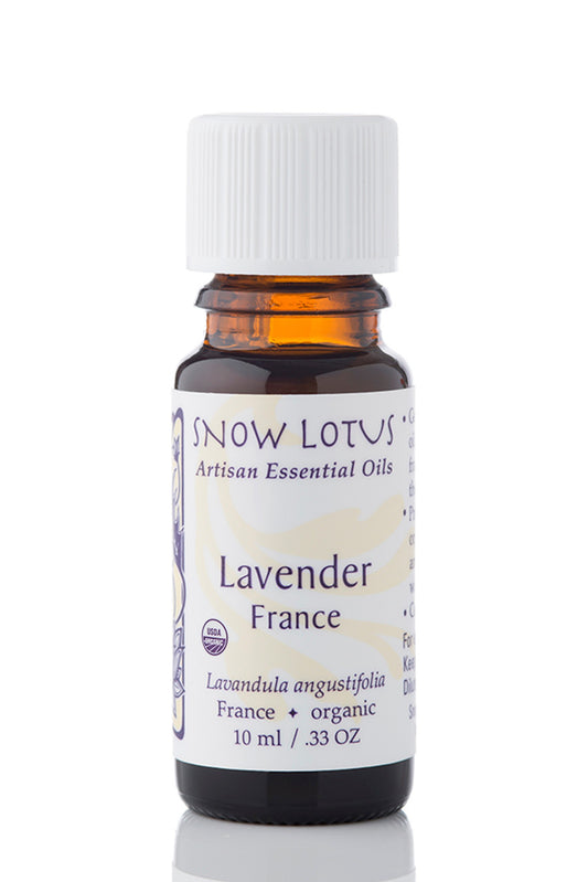 Snow Lotus organic France Lavender Essential Oil in an amber glass bottle