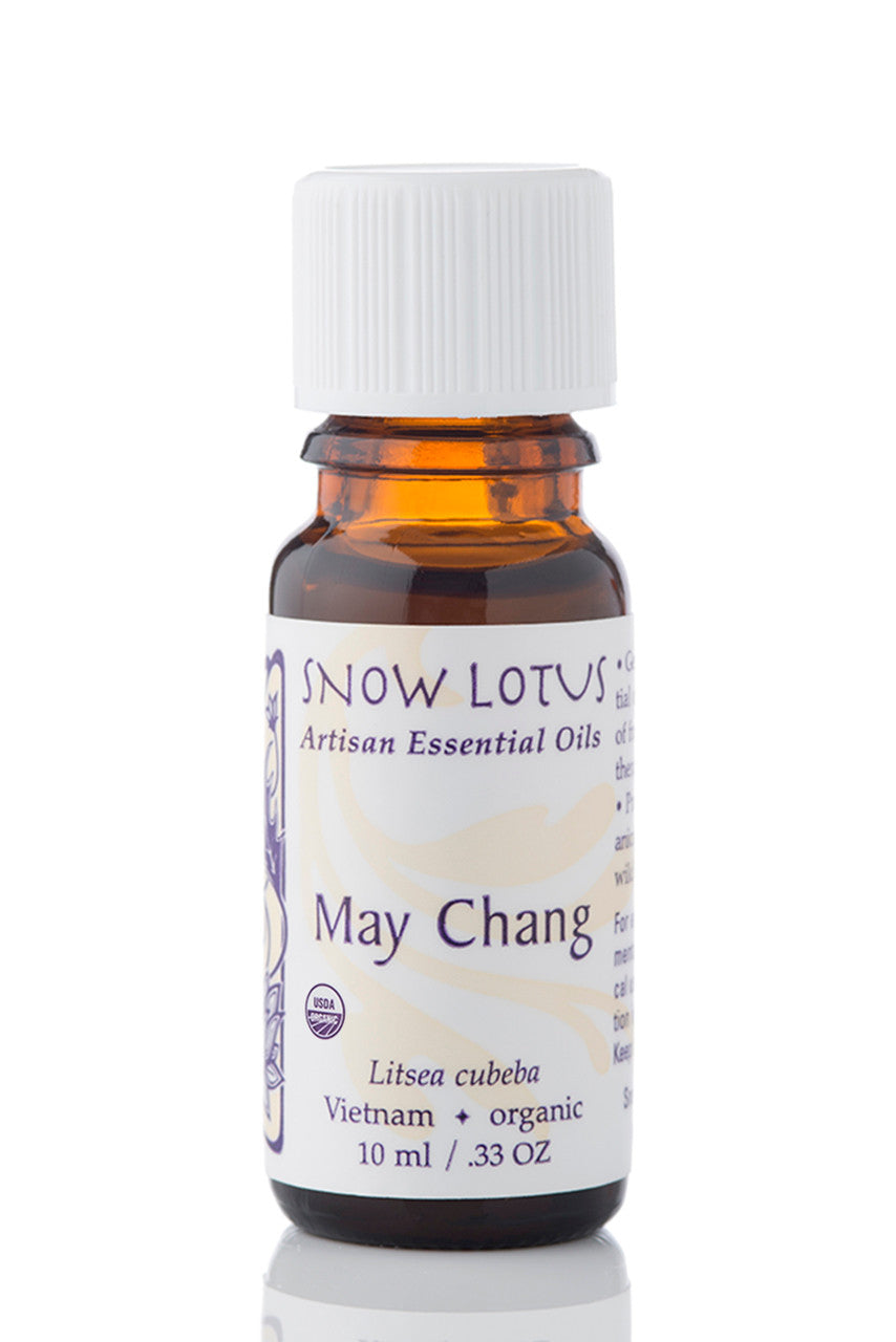 Snow Lotus organic May Chang Essential Oil in an amber glass bottle