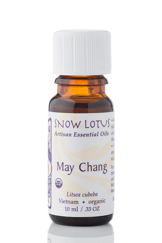 Snow Lotus organic May Chang Essential Oil in an amber glass bottle