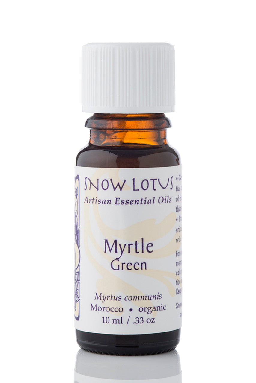 Snow Lotus Green Myrtle Essential Oil in an amber glass bottle