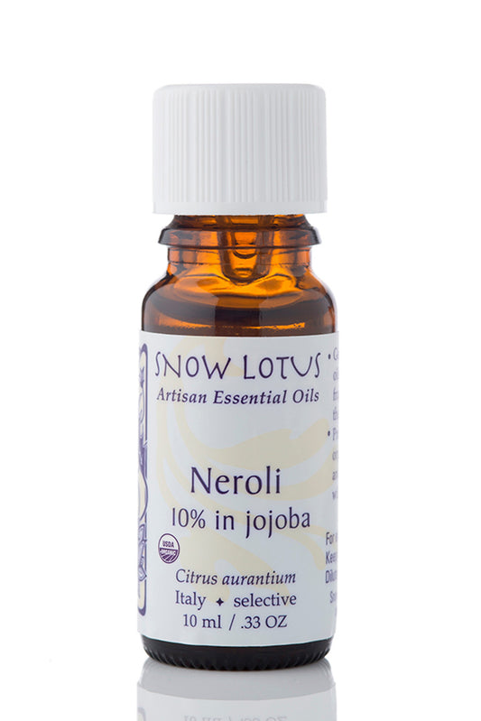 Snow Lotus organic Neroli Essential Oil 10% in Jojoba in an amber glass bottle