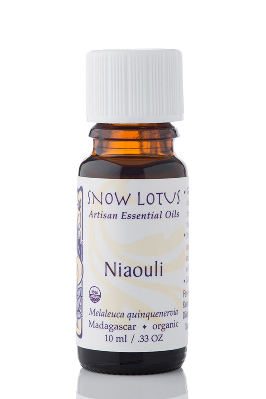 Snow Lotus organic Niaouli Essential Oil in an amber glass bottle