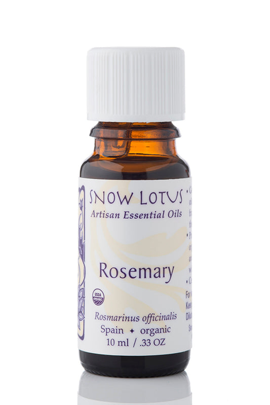 Snow Lotus organic Rosemary Essential Oil in an amber glass bottle