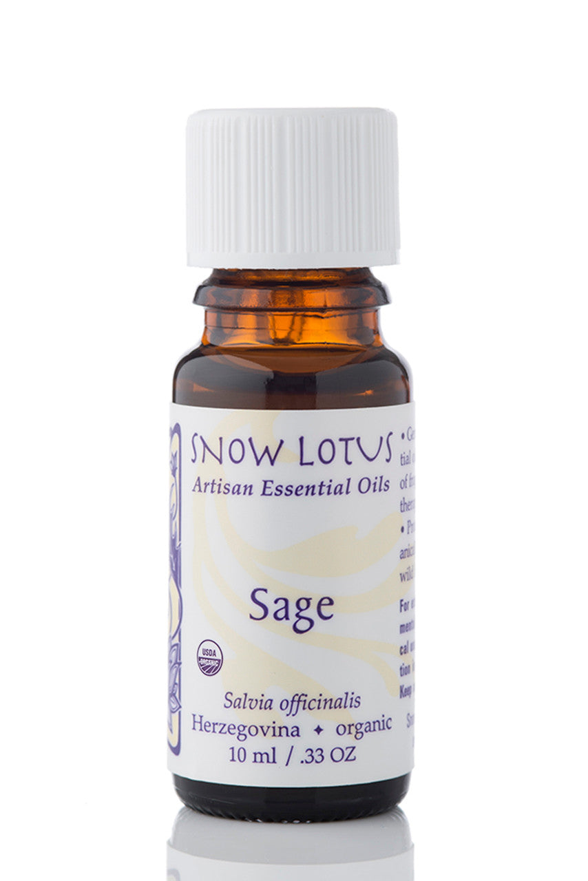 Snow Lotus organic Sage Essential Oil in an amber glass bottle