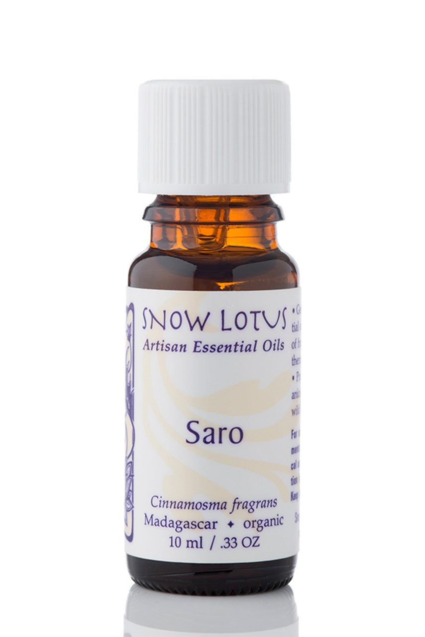 Snow Lotus Saro Essential Oil in an amber glass bottle