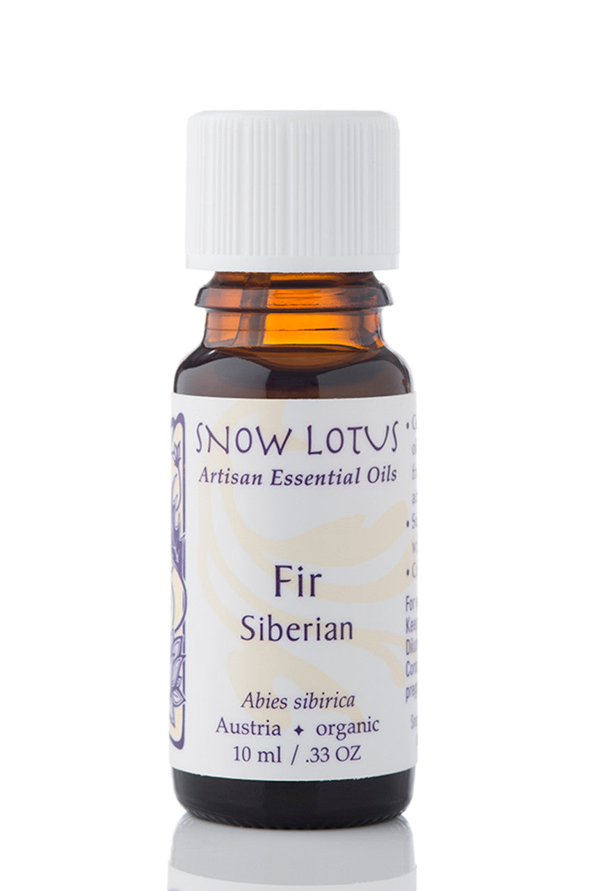 Snow Lotus organic Siberian Fir Essential Oil in an amber glass bottle