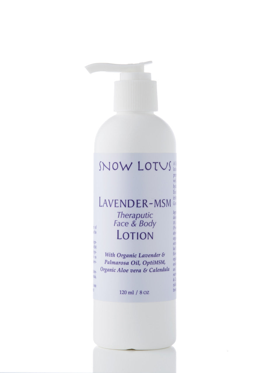 Snow Lotus Lavender-MSM Therapeutic Face & Body Lotion in a white pump bottle, 240 ml
