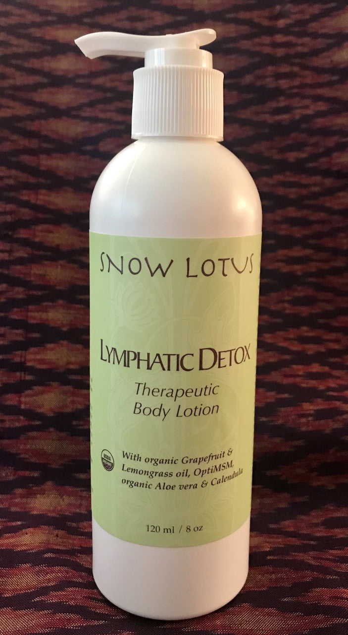 Snow Lotus Lymphatic Detox Therapeutic Body Lotion in a white pump bottle, 240 ml