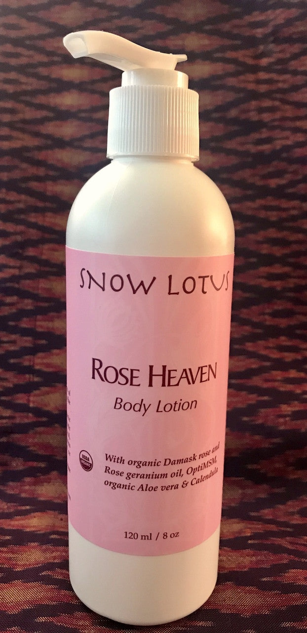 Snow Lotus Rose Heaven Body Lotion in a white pump bottle, 240 ml