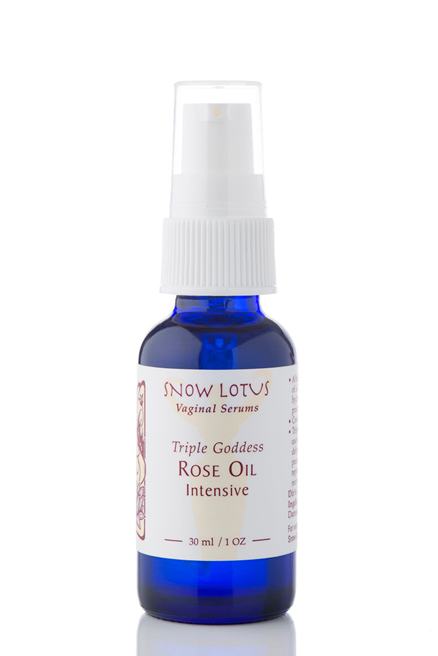 Snow Lotus Triple Goddess Rose Oil Intensive Vaginal Serum in a pump bottle, 30 ml