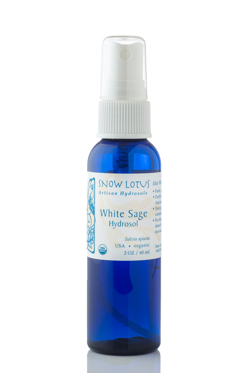 Snow Lotus organic White Sage Hydrosol (White Sage Water) in a blue spray bottle