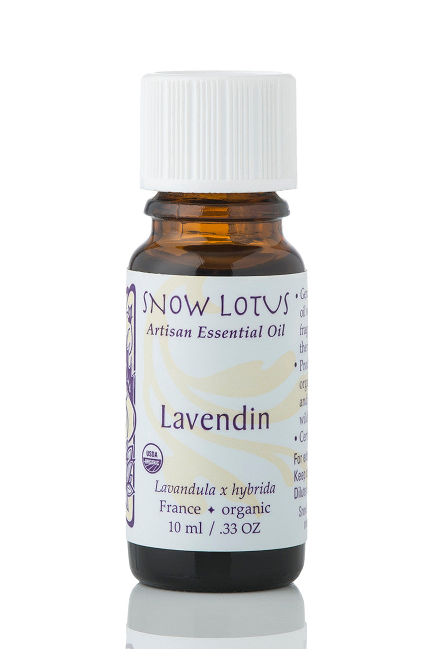 Snow Lotus organic Lavendin Essential Oil in an amber glass bottle