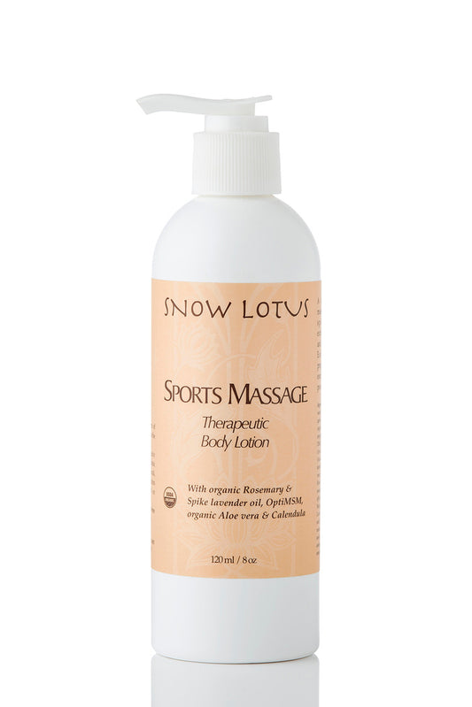 Snow Lotus Sports Massage Therapeutic Body Lotion in a white pump bottle, 240 ml