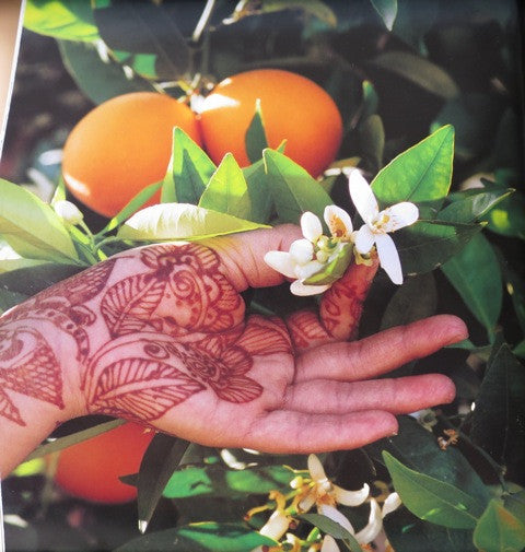 A henna-decorated hand holding orange blossom beside ripening oranges